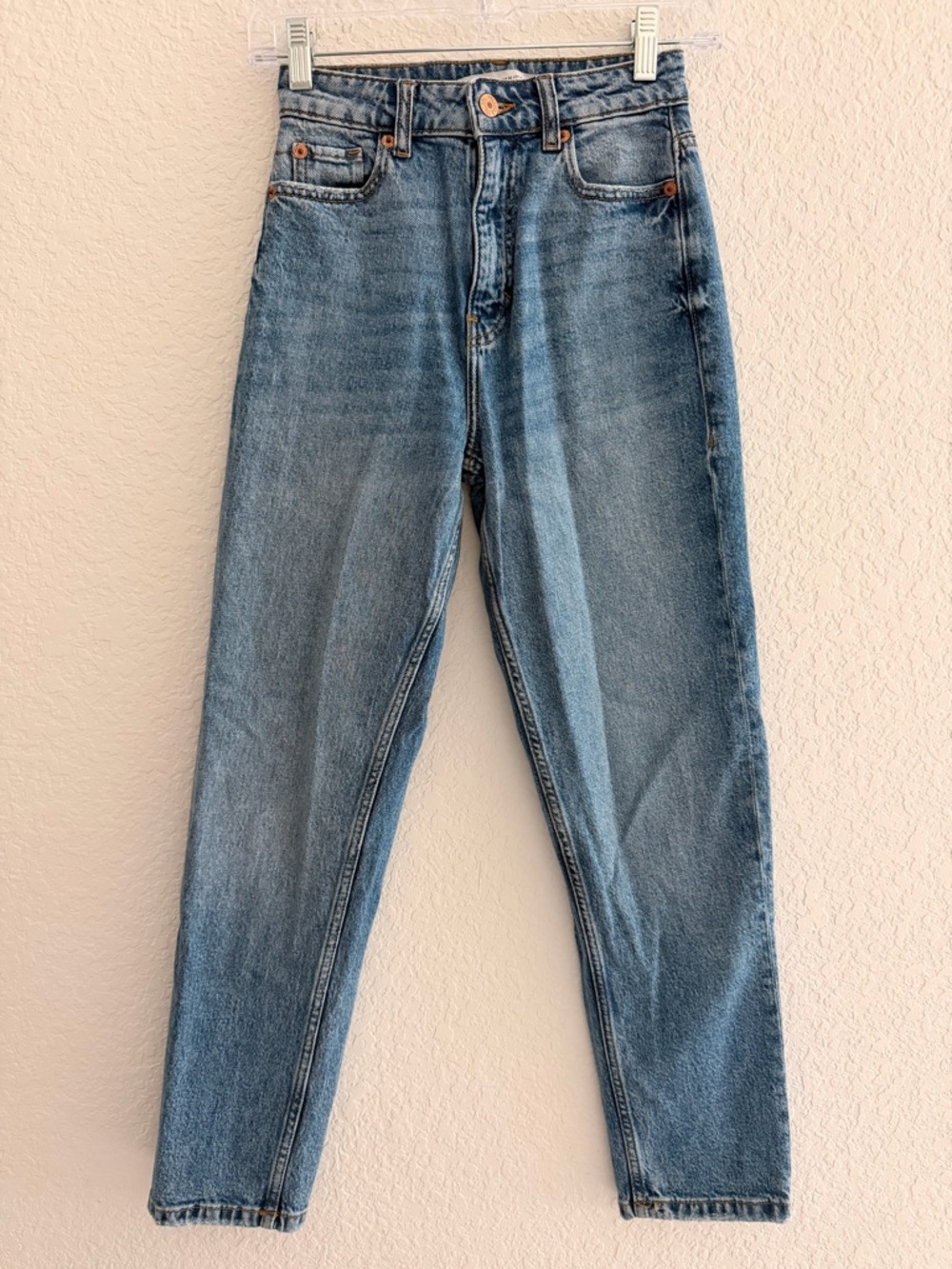 Zara Light Blue Denim Jeans | Copper Stitching Classic Straight Casual Jeans